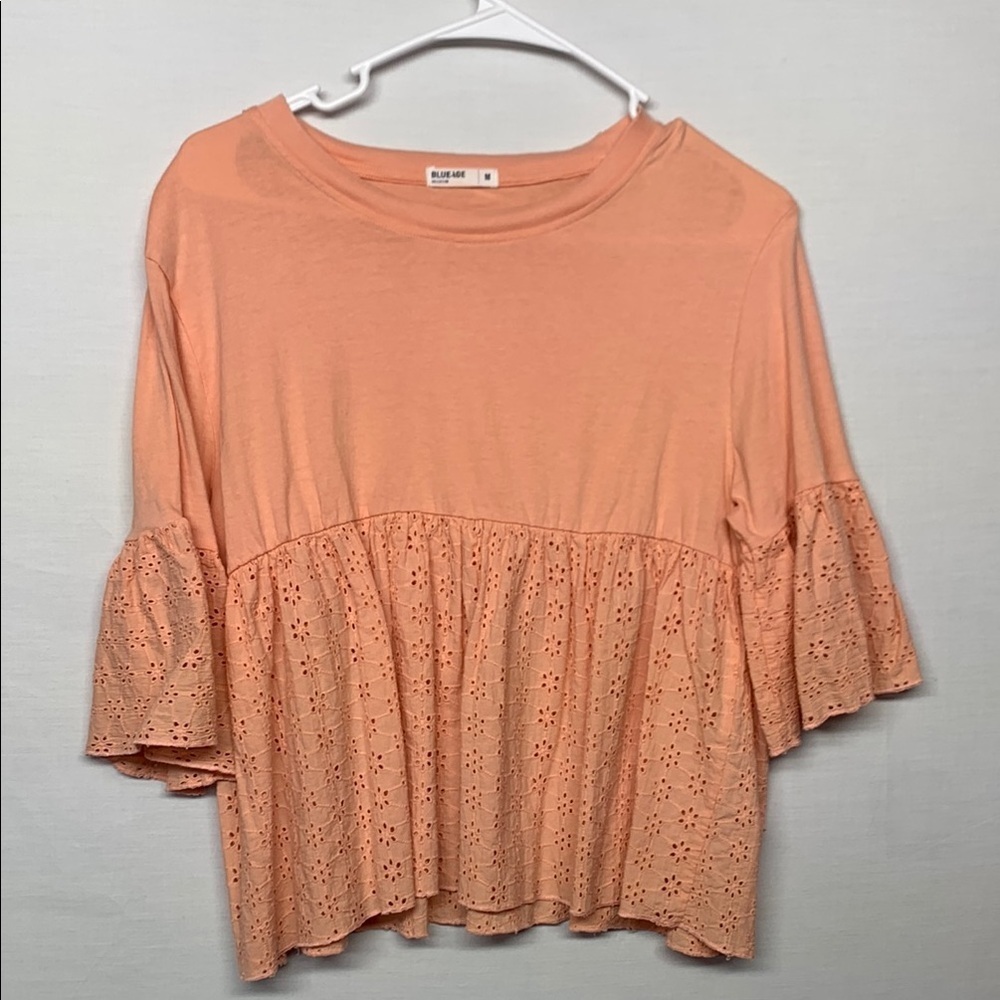 Blueage Collection Peach Floral Eyelet Peplum Top